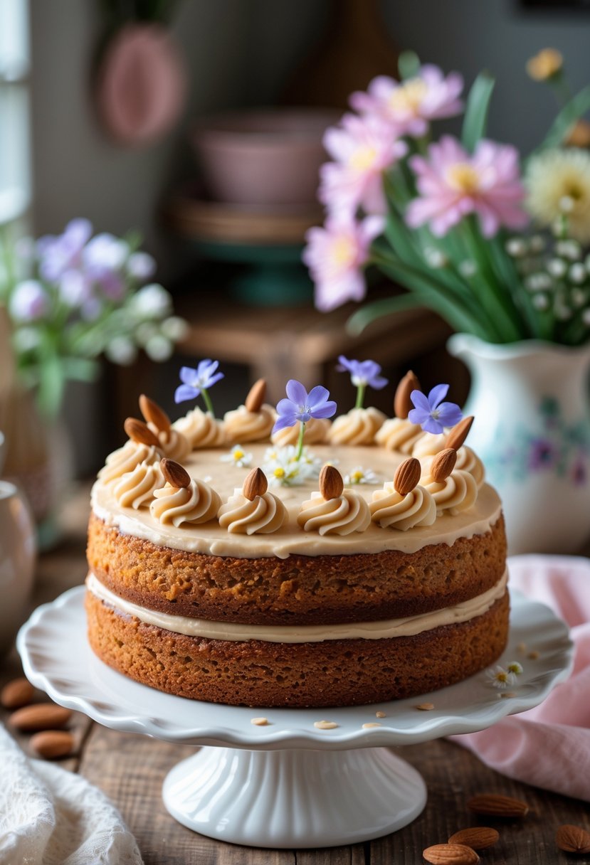 A round almond butter cake with almond frosting and whole almonds on a cake stand on a wooden table, surrounded by fresh flowers.