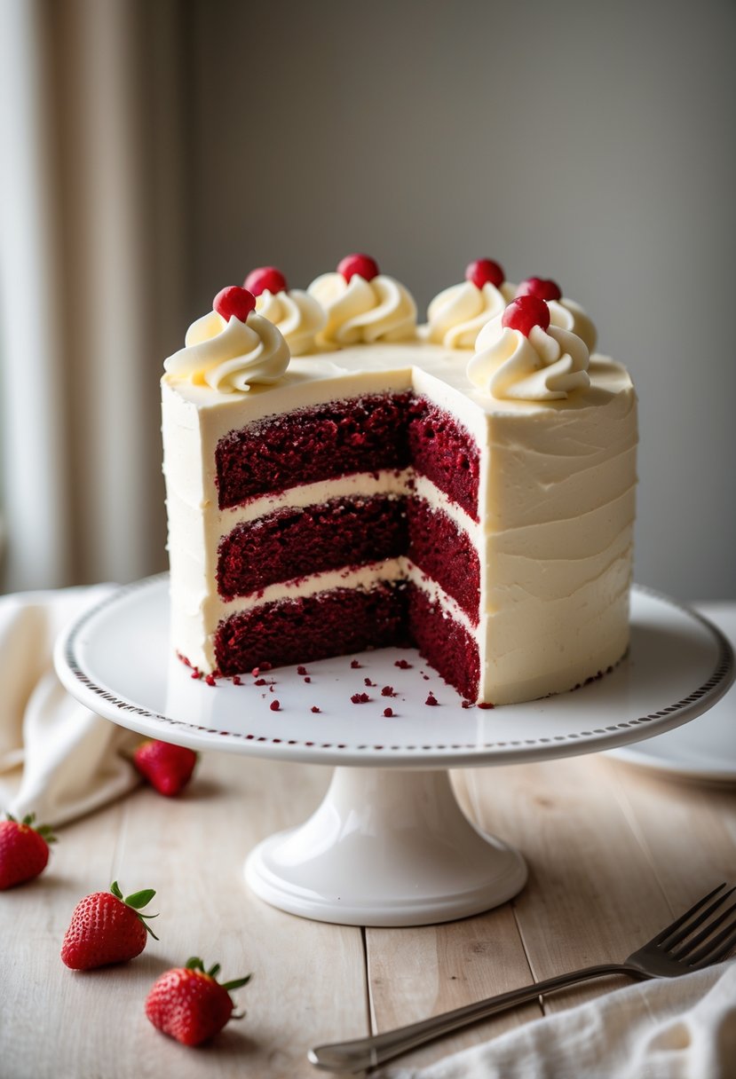 A slice of classic red velvet cake with cream cheese frosting on a white cake stand on a wooden table.