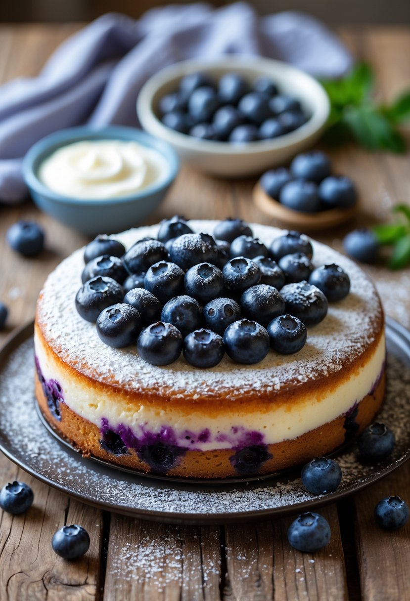 A round blueberry yogurt cake topped with fresh blueberries on a wooden table, with a bowl of yogurt and scattered blueberries nearby.