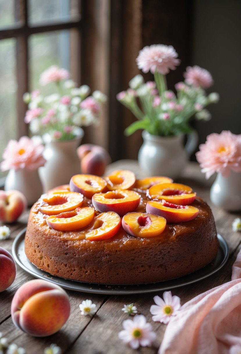 A freshly baked peach upside-down cake on a wooden table with peach slices on top, surrounded by flowers and soft natural light.