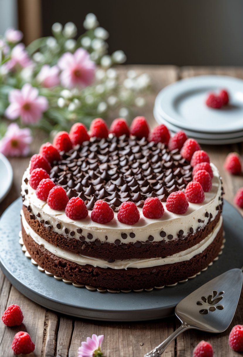 A round raspberry chocolate chip cake on a wooden table with fresh raspberries and chocolate chips, surrounded by spring flowers and a cake server.