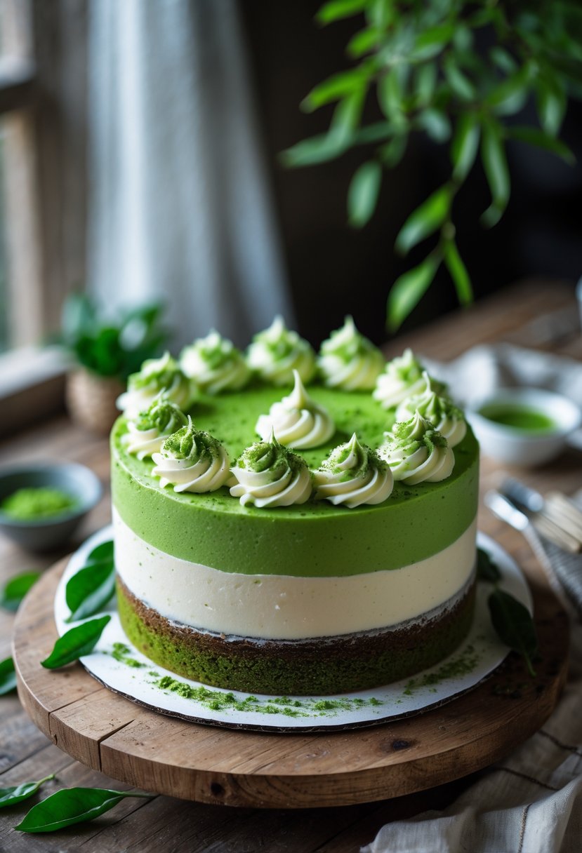 A multi-layered matcha green tea cake decorated with cream swirls on a wooden table with fresh tea leaves and matcha powder nearby.
