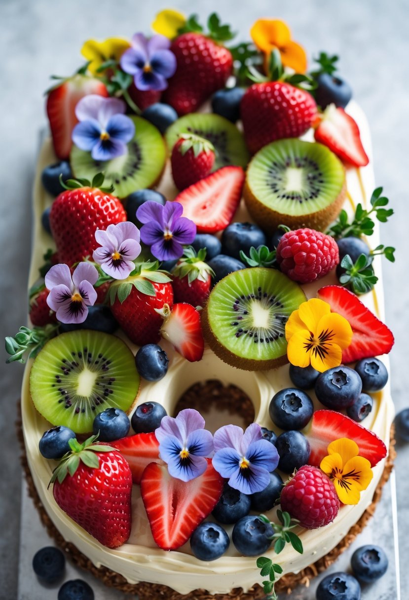 A number-shaped cake decorated with fresh fruit slices and edible flowers on a neutral background.
