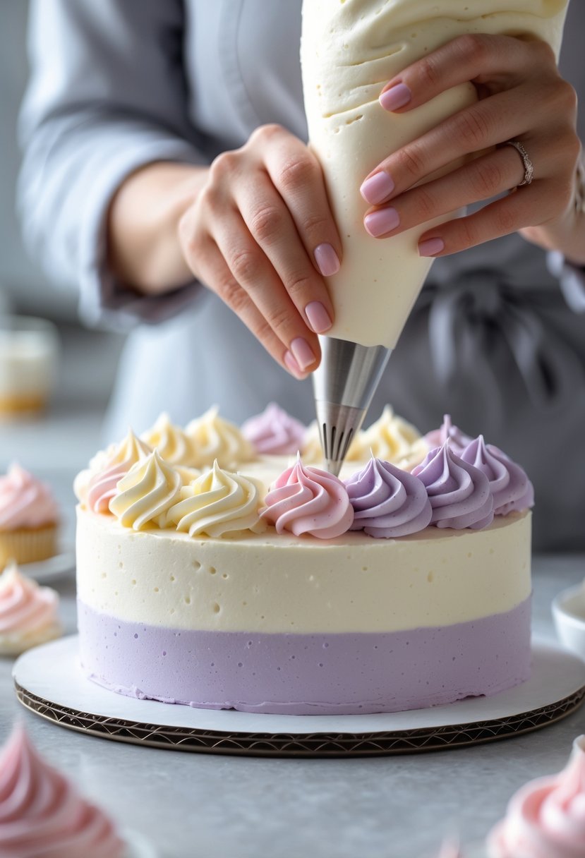 Close-up of hands piping buttercream rosettes onto a round cake in a kitchen setting.