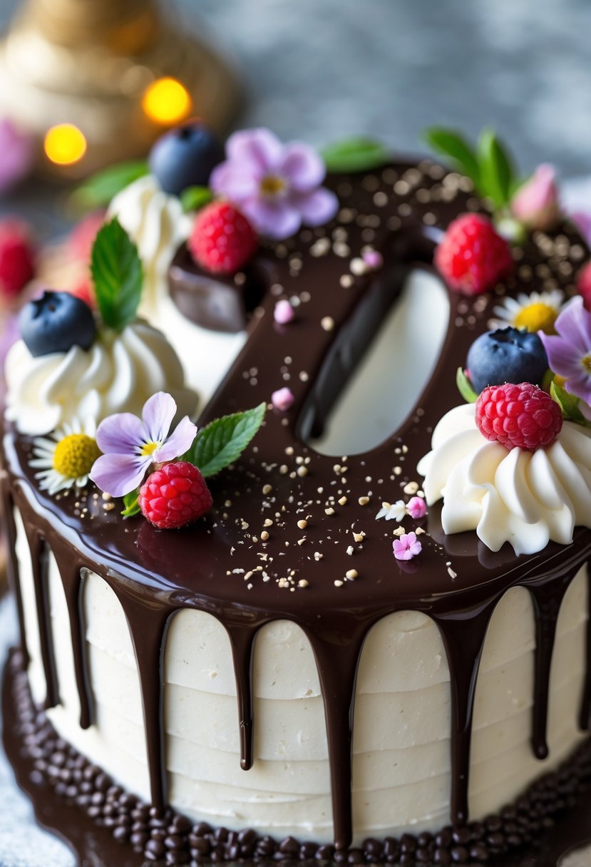 Close-up of a number-shaped cake with chocolate ganache dripping down the edges, decorated with berries and flowers.