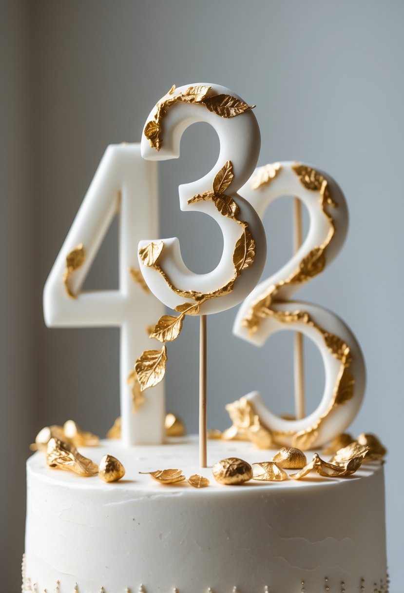 Close-up of white fondant number cake toppers with gold leaf accents on a white cake.