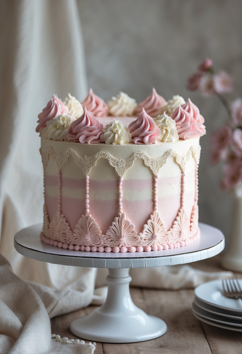 A pink and white buttercream birthday cake decorated with floral designs on a white cake stand.