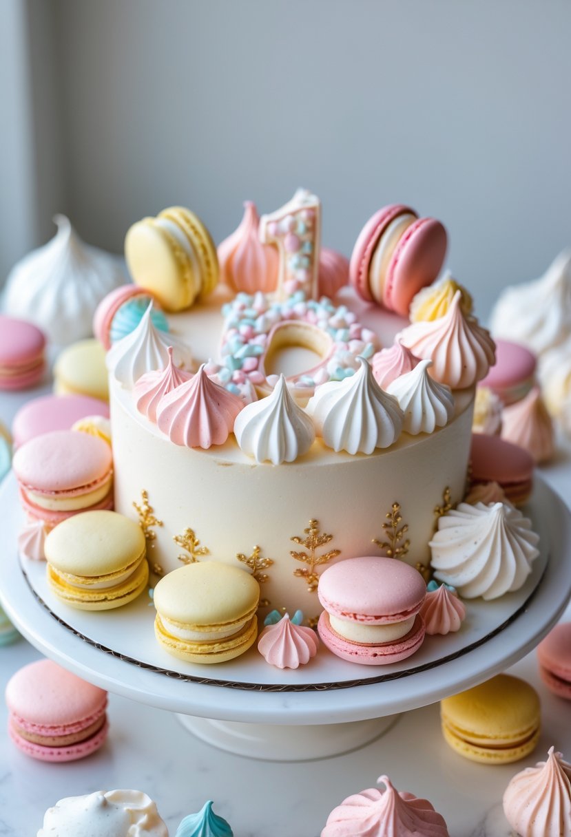 A decorated number cake surrounded by colorful macarons and swirled meringue decorations on a bright surface.