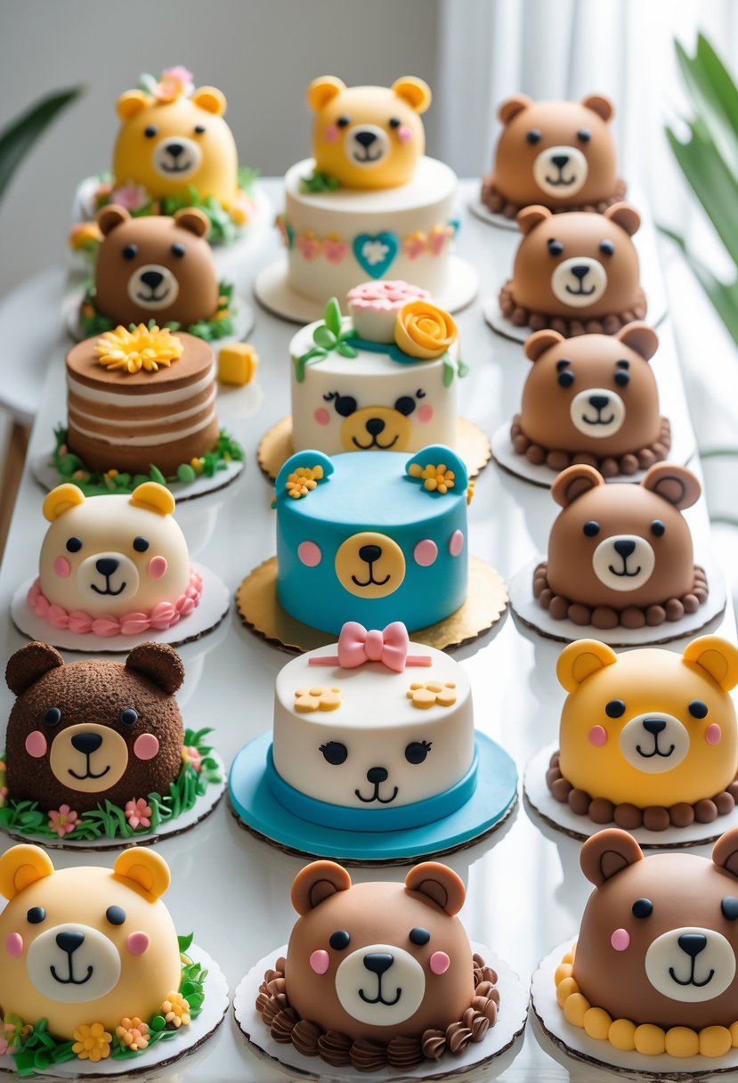 A collection of sixteen different bear-themed cakes arranged together on a white surface.