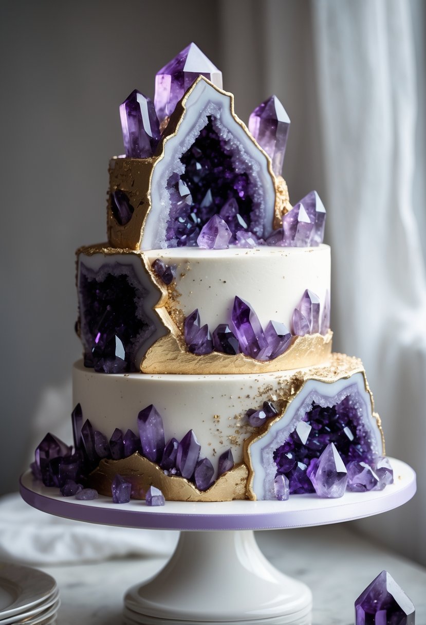A multi-tiered birthday cake decorated with purple amethyst crystal accents and smooth white and pastel frosting on a white cake stand.
