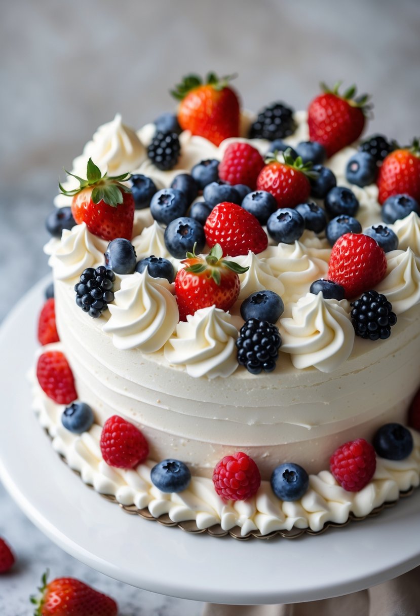Close-up of a number cake topped with whipped cream swirls and fresh berries on a white plate.