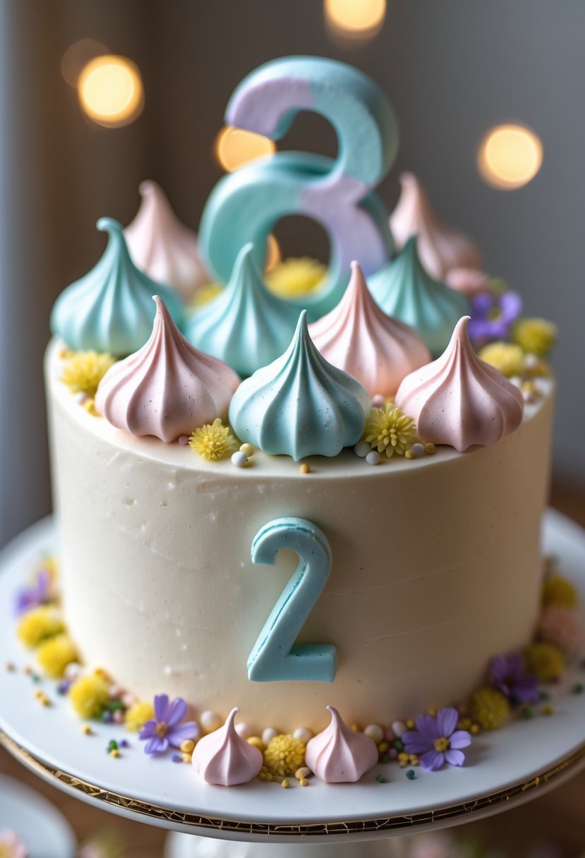 A number-shaped cake decorated with pastel meringue kisses on a white plate.