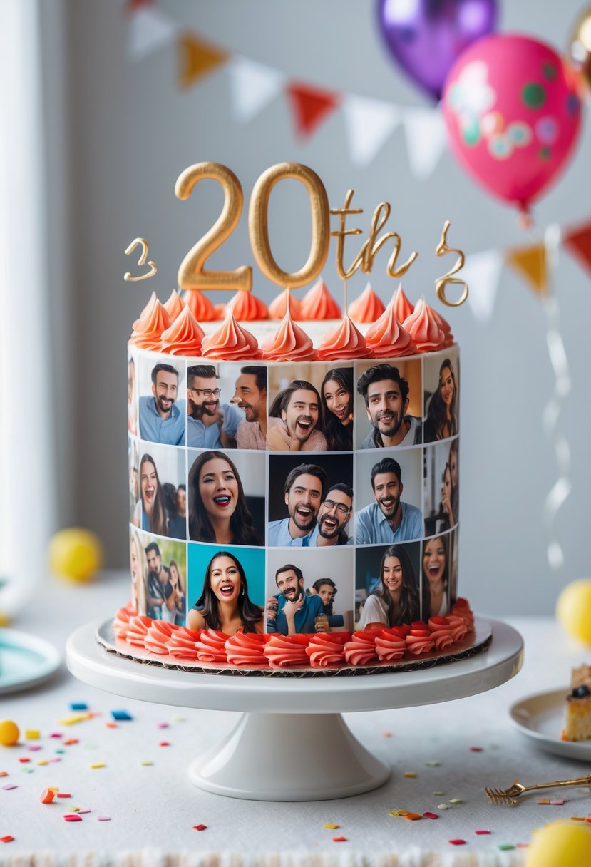 A birthday cake decorated with edible photo collage images showing happy moments from celebrations.