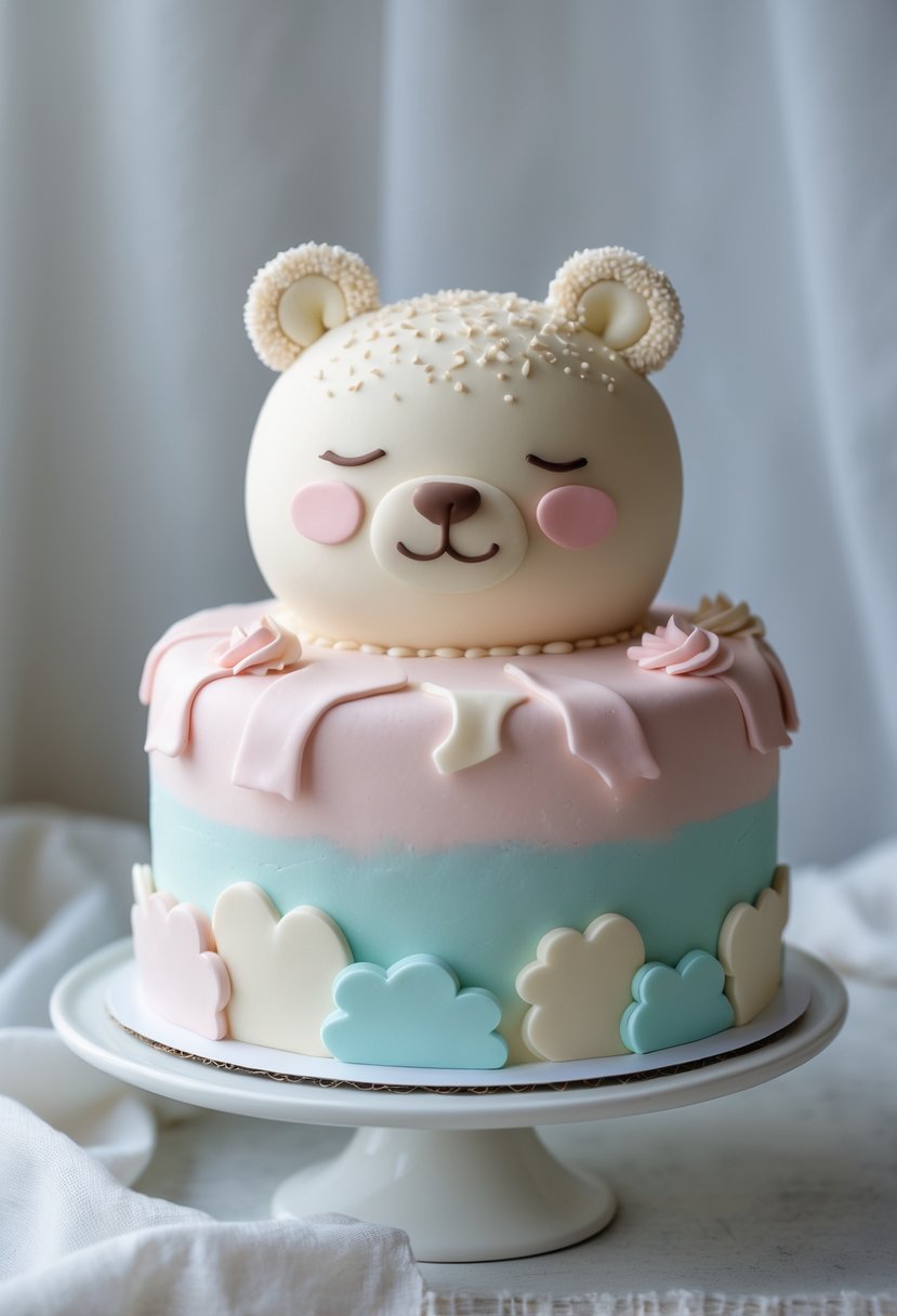 A pastel-colored bear-shaped cake with closed eyes and a gentle smile on a white plate.