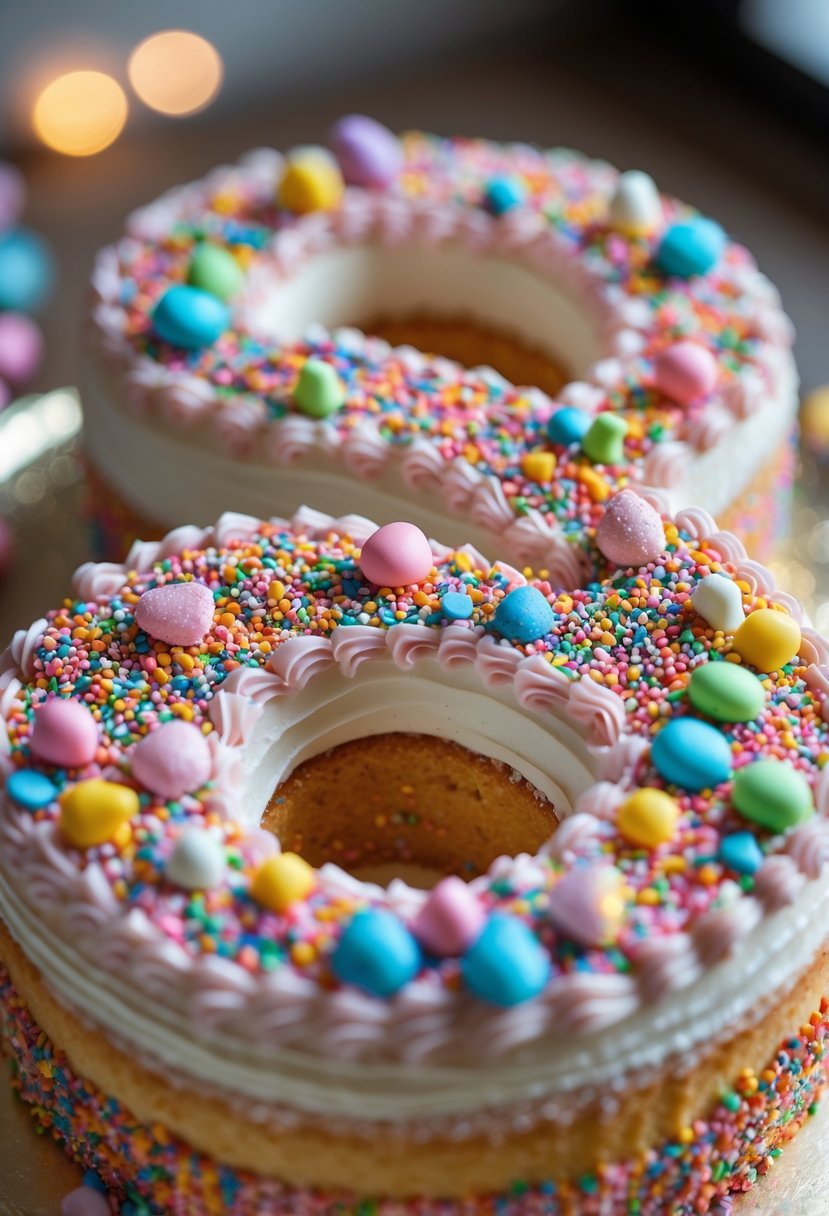 Close-up of a number 18 cake decorated with colorful sprinkles and edible glitter.