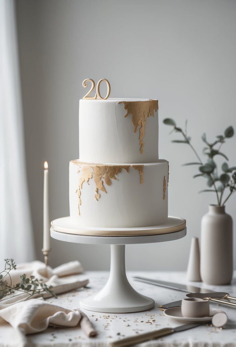 A white birthday cake with gold leaf accents on a cake stand against a plain background.