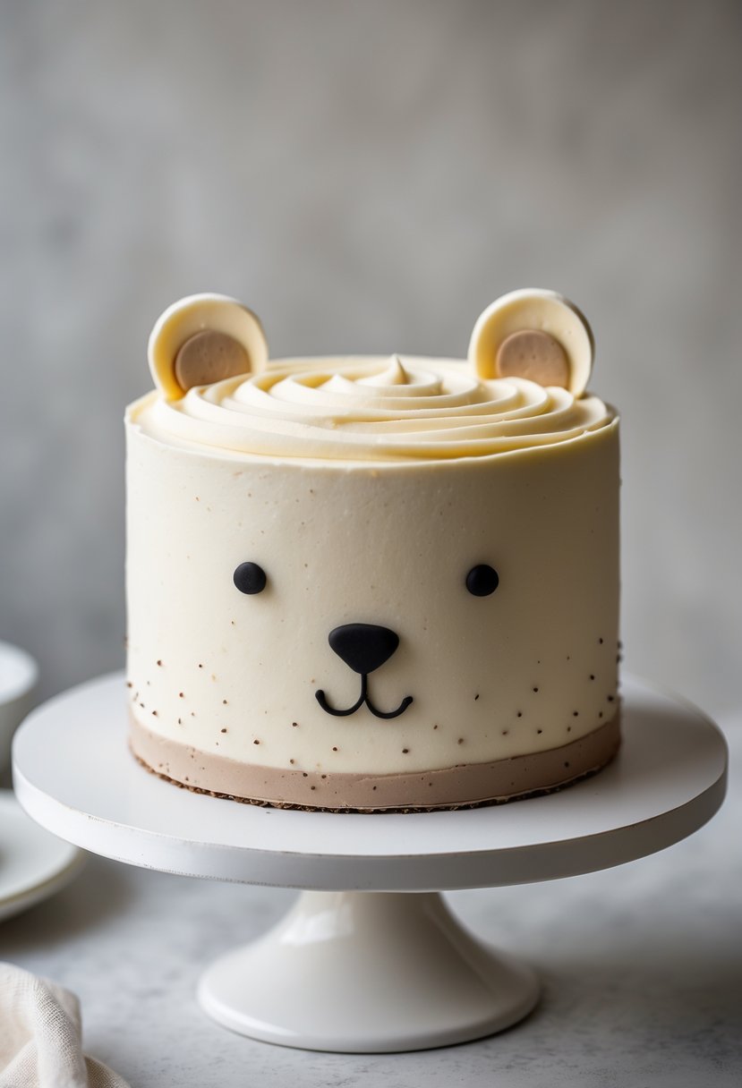 A round cake decorated with a simple bear face made from buttercream frosting on a white cake stand.