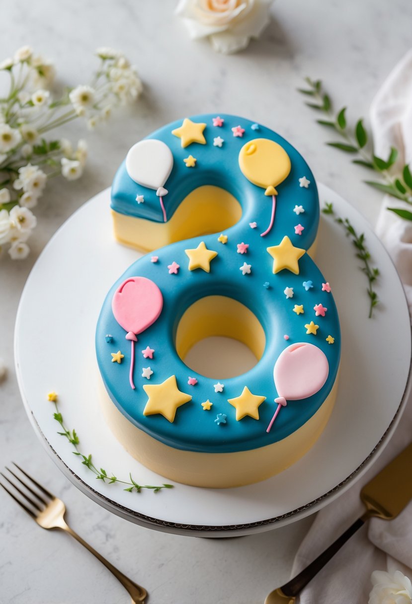 A decorated number 18 cake with colorful edible prints on fondant, placed on a neutral background with subtle decorations around it.