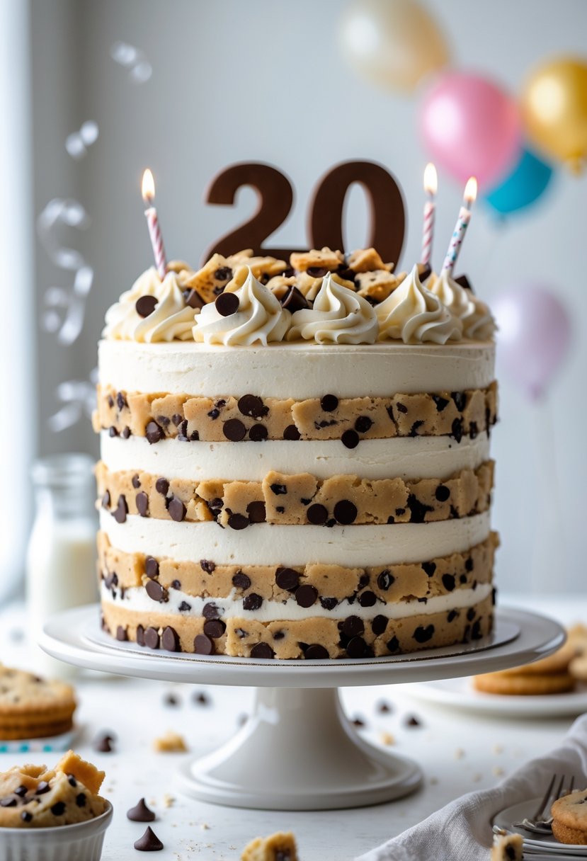 A multi-layered chocolate chip cookie dough cake topped with cookie dough chunks and chocolate chips on a cake stand.