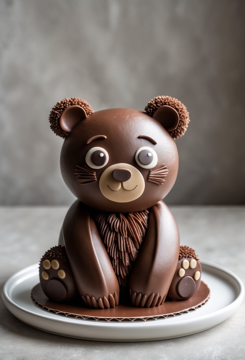 A chocolate bear cub cake with edible eyes sitting on a white plate.