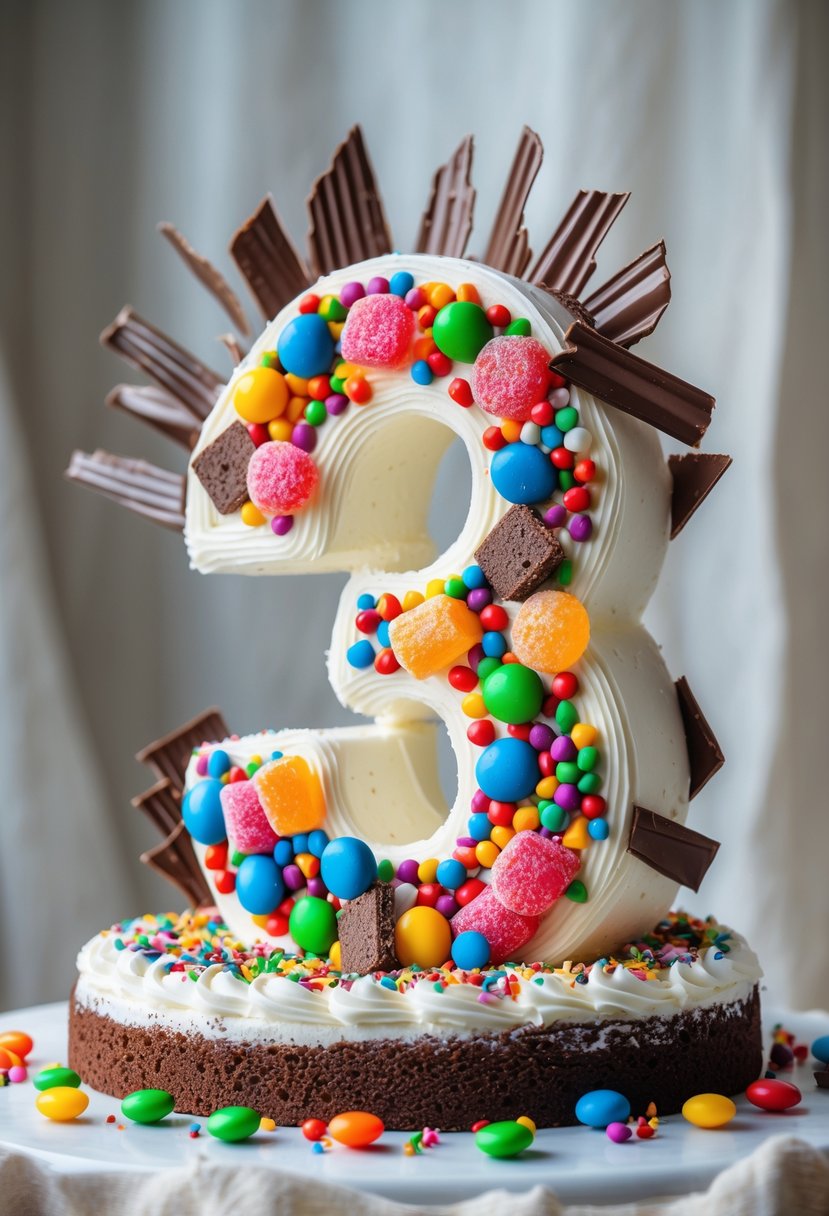 A number-shaped cake decorated with colorful candy pieces and chocolate shards on a white background.