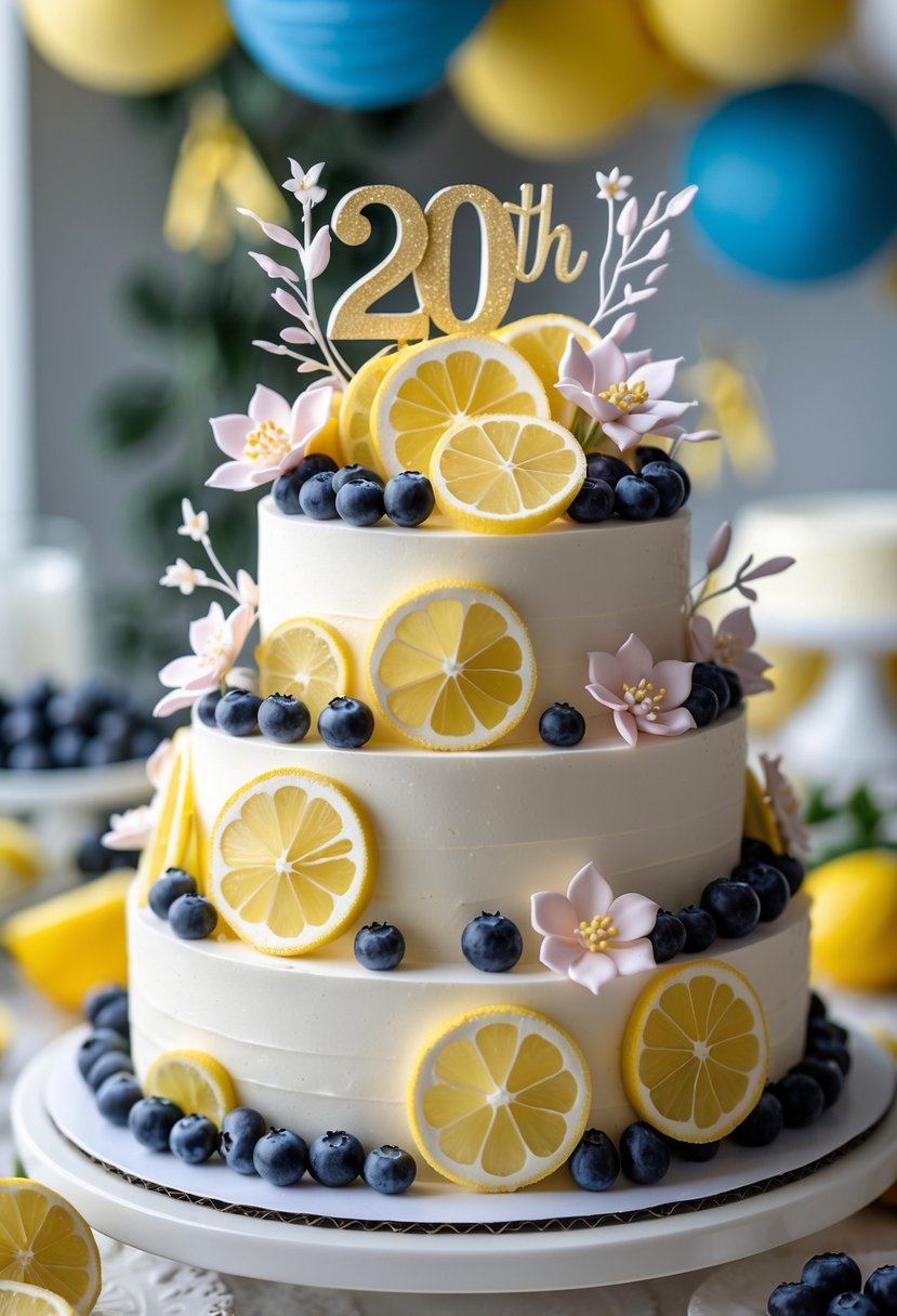A multi-tiered birthday cake decorated with lemon slices, blueberries, and floral icing decorations on a blurred party background.