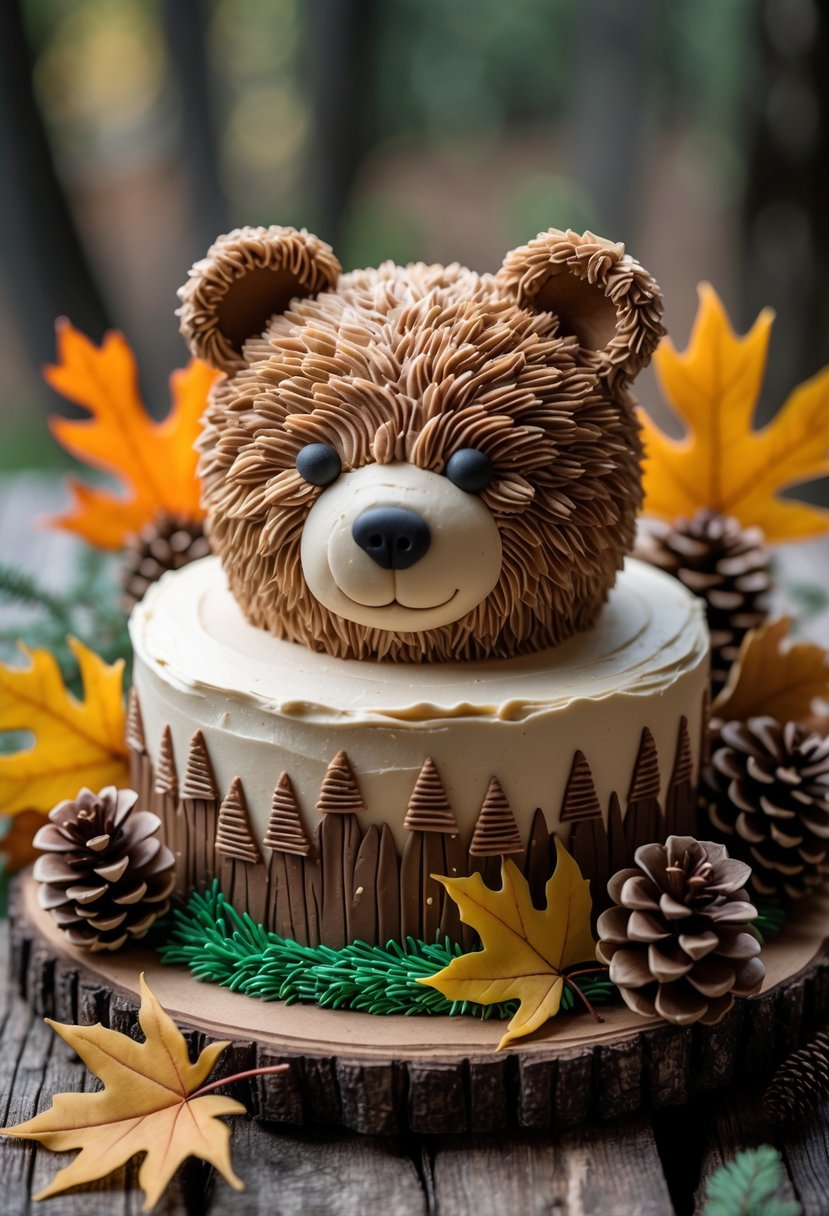 A bear-shaped cake decorated with pinecones and autumn leaves on a wooden surface.