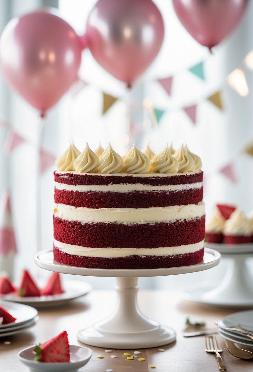 A red velvet cake decorated with cream cheese rosettes on a cake stand with birthday decorations in the background.