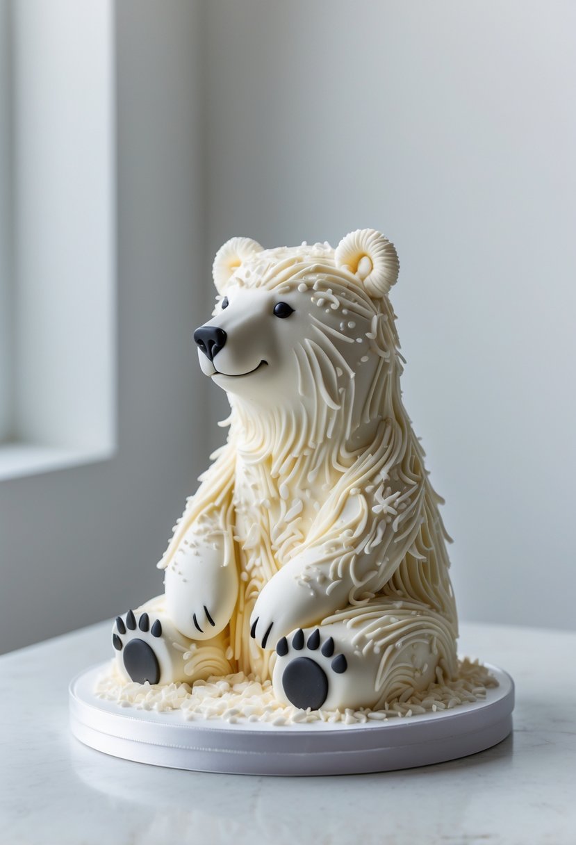 A detailed polar bear-shaped cake decorated with white chocolate fur on a cake stand against a plain background.