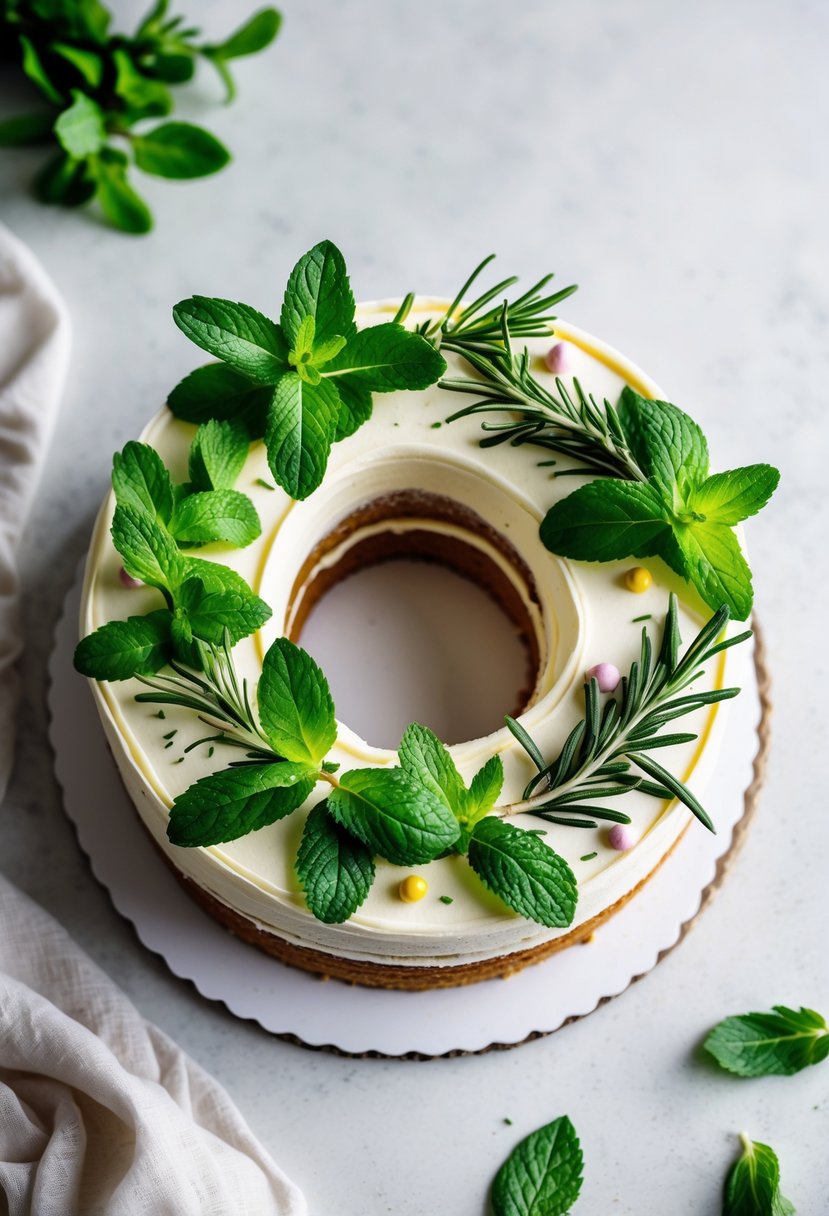 A number-shaped cake decorated with colorful frosting and fresh mint and rosemary herb garnishes on a clean background.
