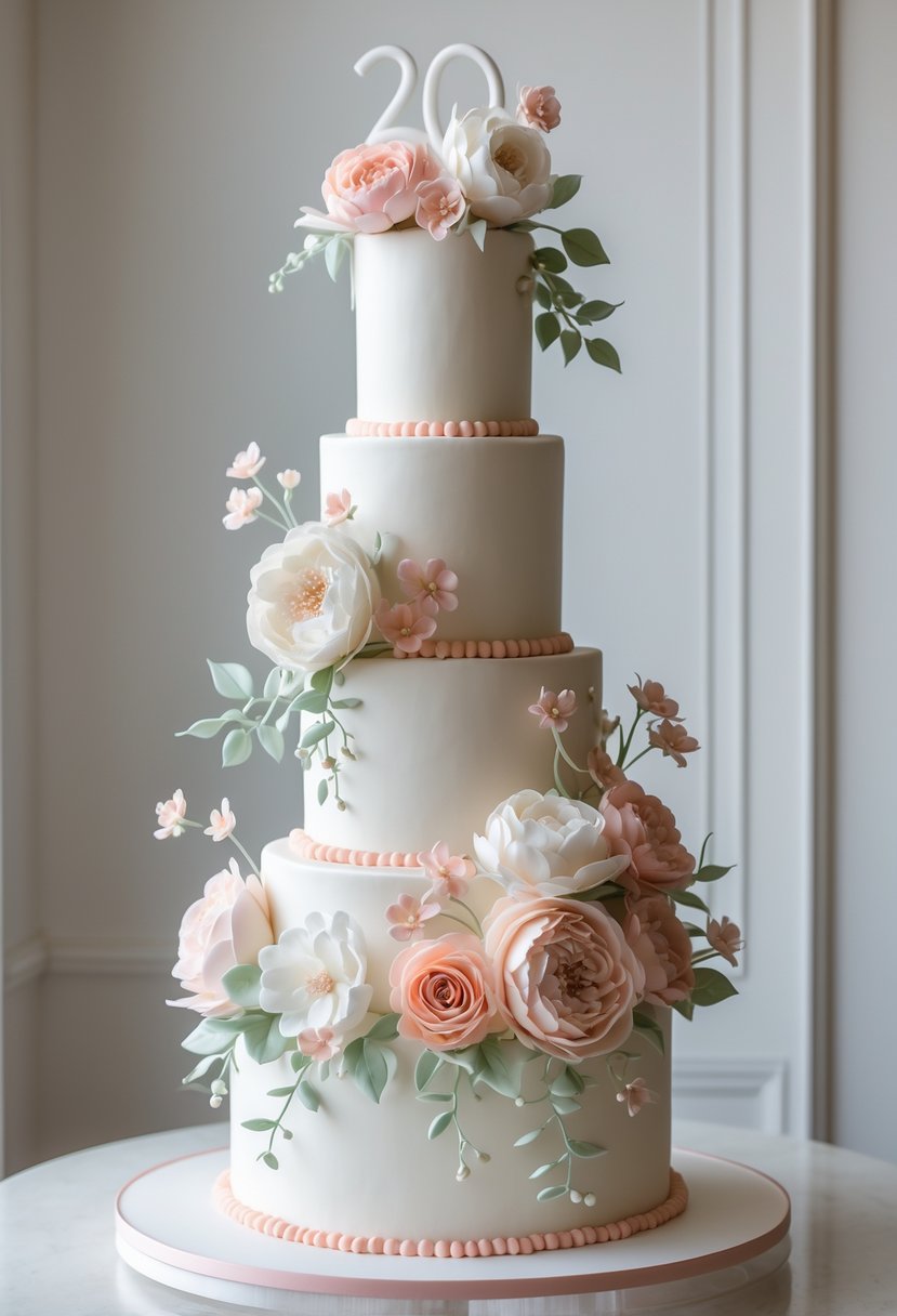 A tall multi-tiered birthday cake decorated with cascading sugar flowers in pastel colors on a white cake stand.