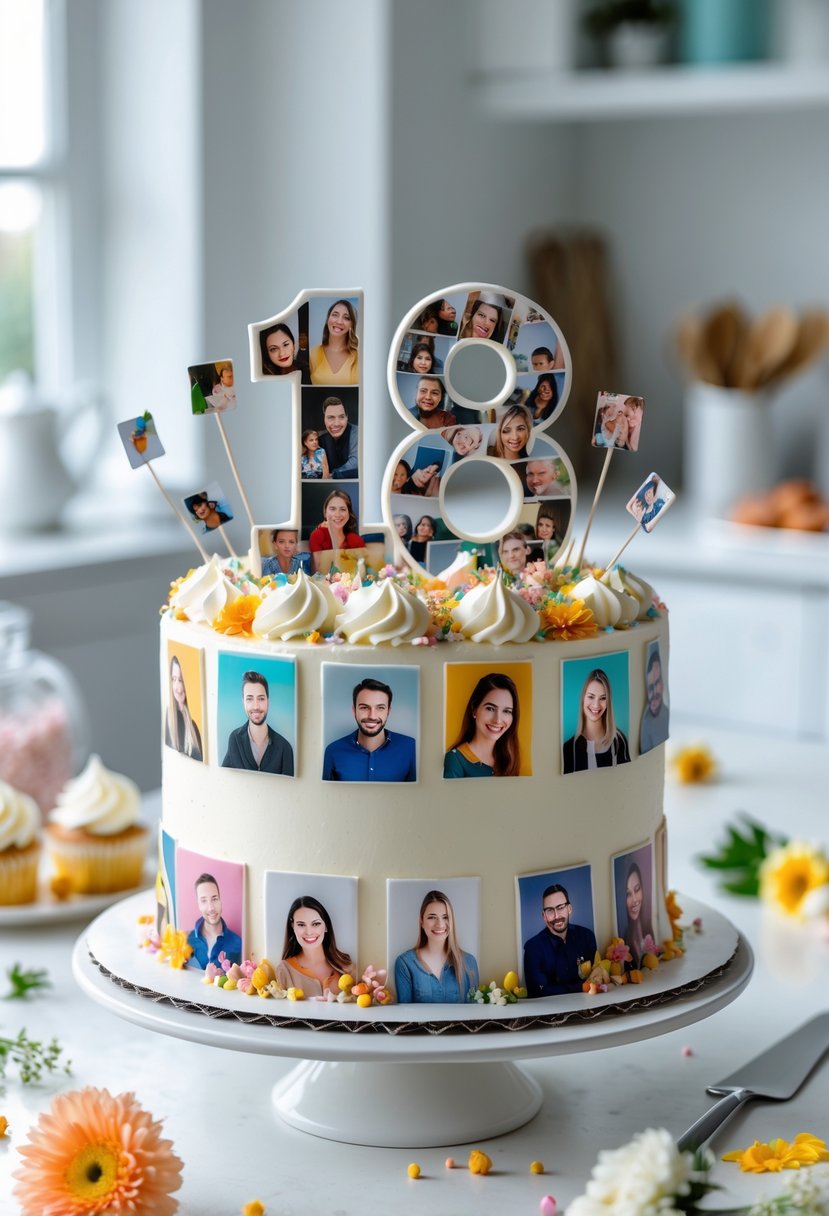 A decorated 18 number cake with personalized edible photo plaques arranged around it on a celebration table.
