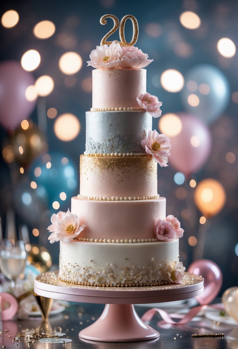 A multi-tiered birthday cake decorated with edible glitter and sugar flowers on a cake stand with birthday decorations in the background.