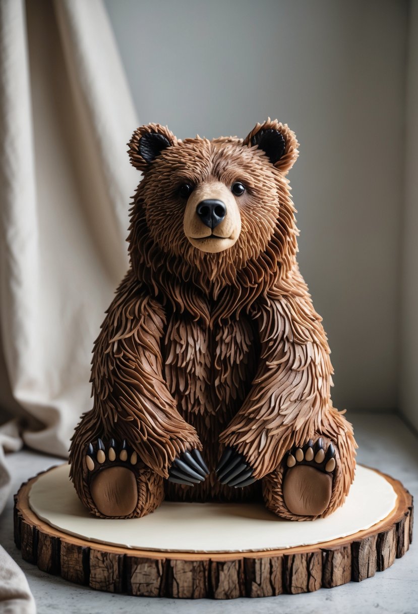 A detailed cake shaped like a sitting grizzly bear with textured fur design on a plain background.