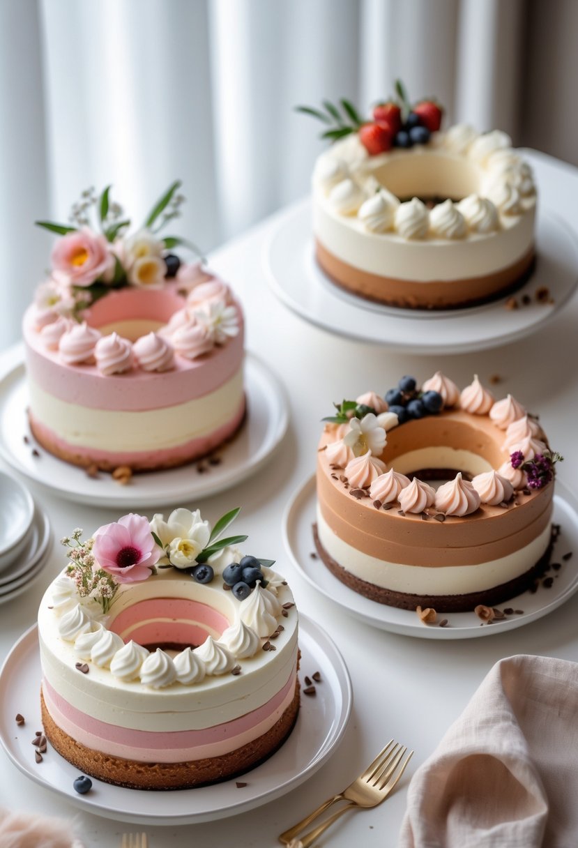 Assorted layered mousse number cakes decorated with berries and flowers on plates on a wooden table.