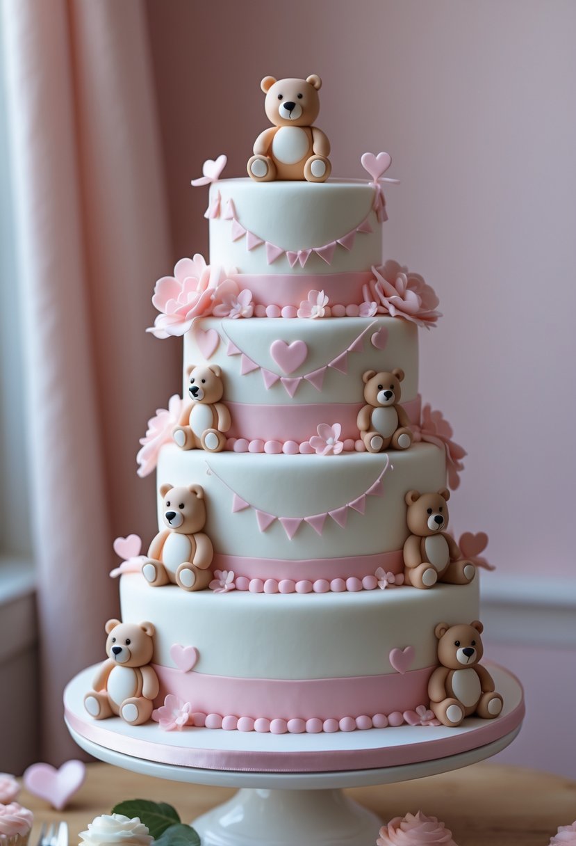 A multi-tiered baby shower cake decorated with bear-shaped figures and pink flowers on a white cake stand.