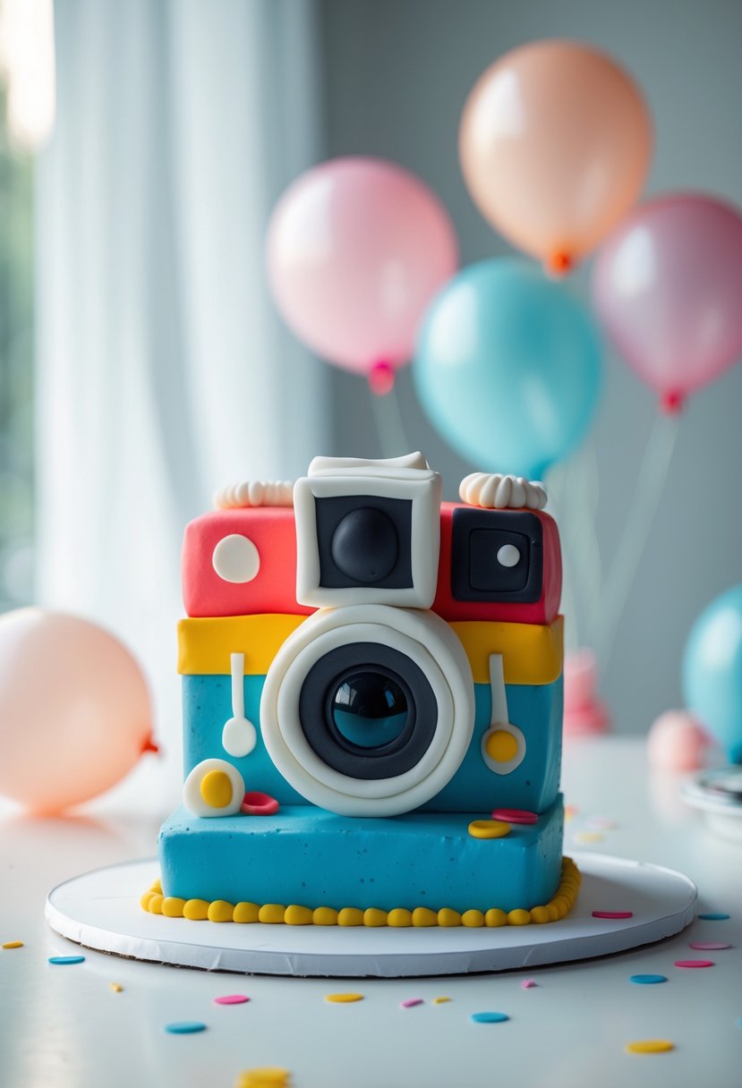 A colorful birthday cake shaped like a Polaroid camera on a white surface with birthday decorations in the background.