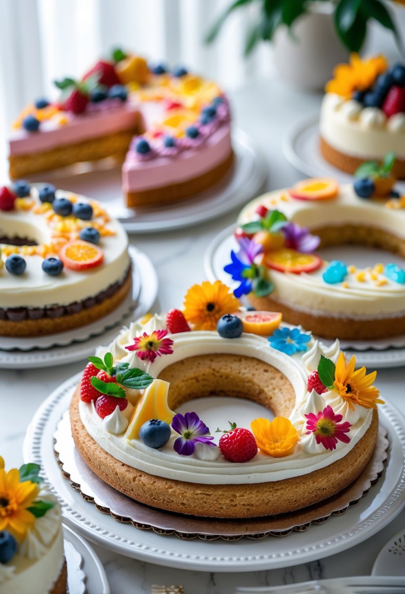Number-shaped cakes with cookie crust bases decorated with frosting, fruits, and flowers on plates.