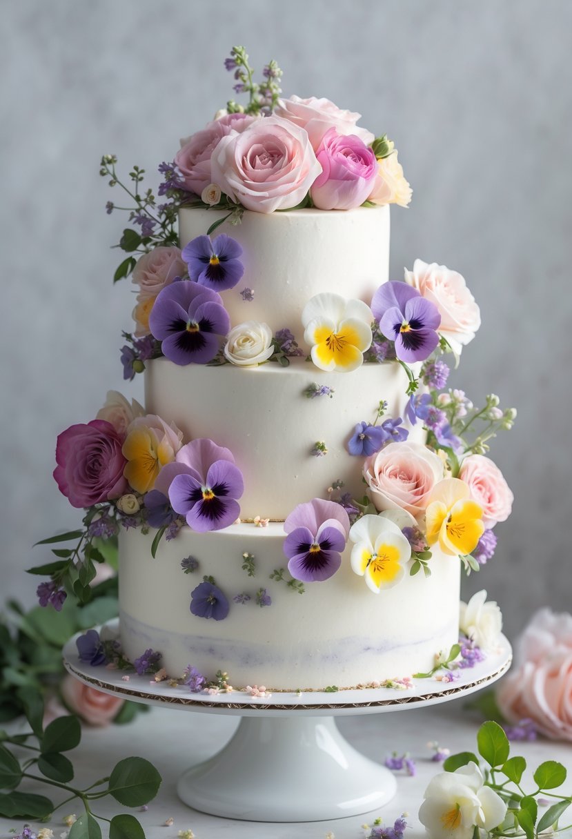 A multi-tiered white birthday cake decorated with fresh colorful edible flowers on a white cake stand.