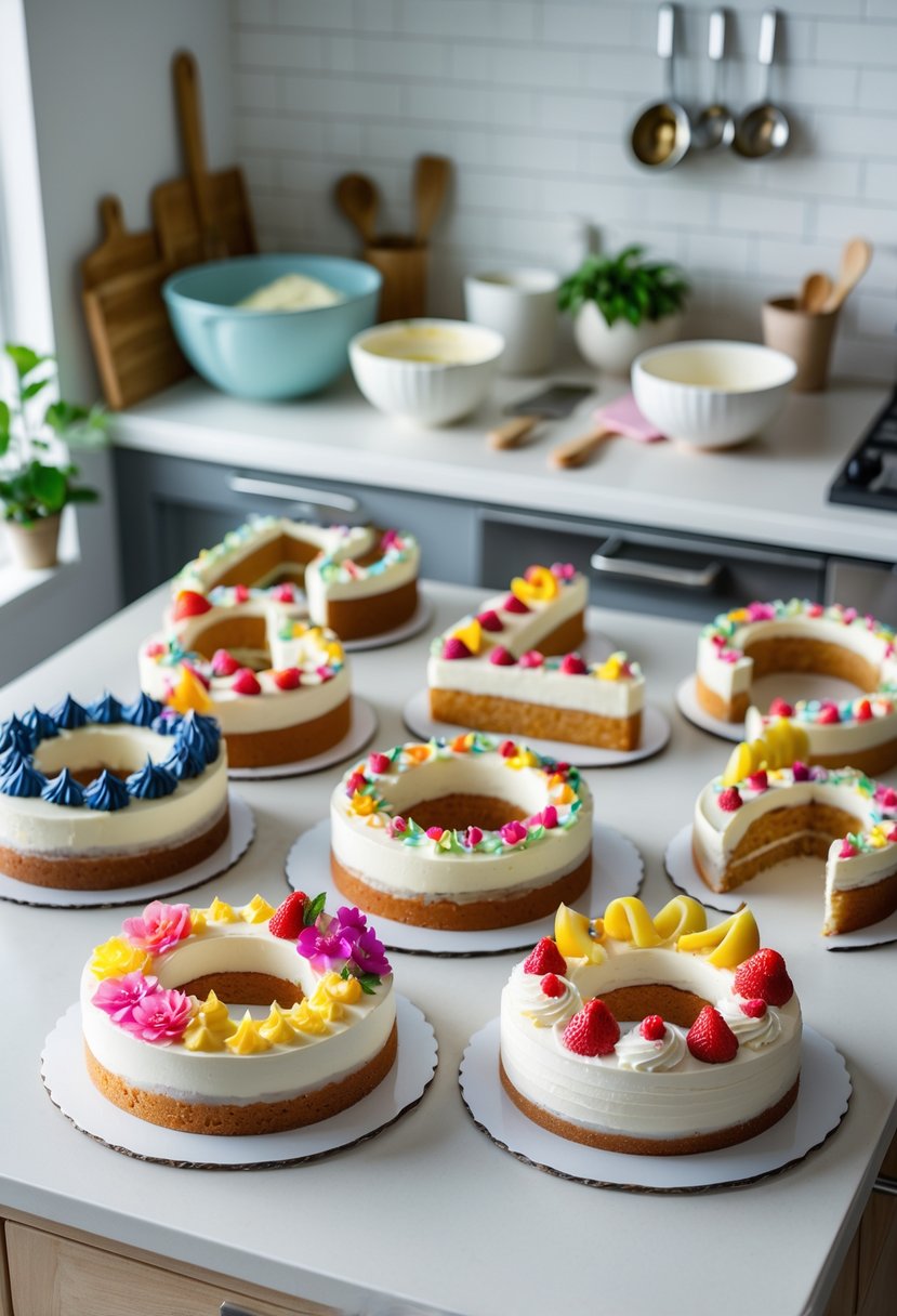 A collection of decorated number-shaped cakes on a kitchen countertop surrounded by baking tools and ingredients.