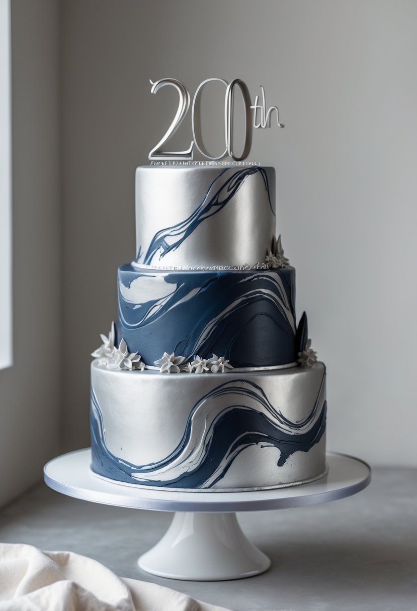 A multi-tiered birthday cake with metallic silver and navy blue marble patterns on a white cake stand against a plain background.