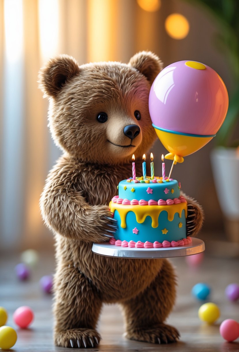 A bear holding a colorful balloon-shaped birthday cake with candles.