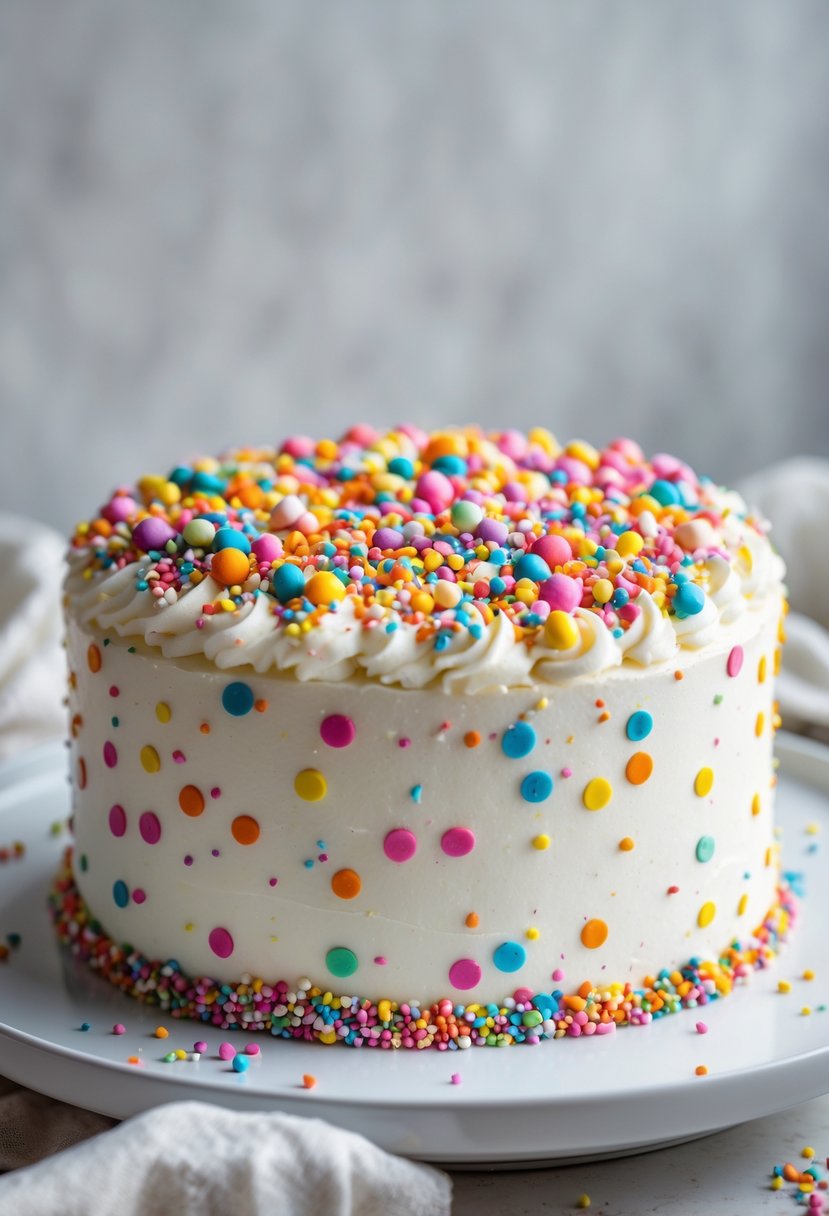A round birthday cake covered with bright colorful confetti sprinkles on a white plate.