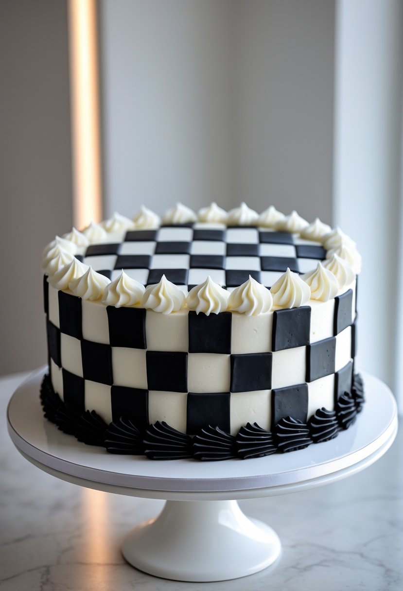 A round black and white checkerboard patterned birthday cake on a cake stand.