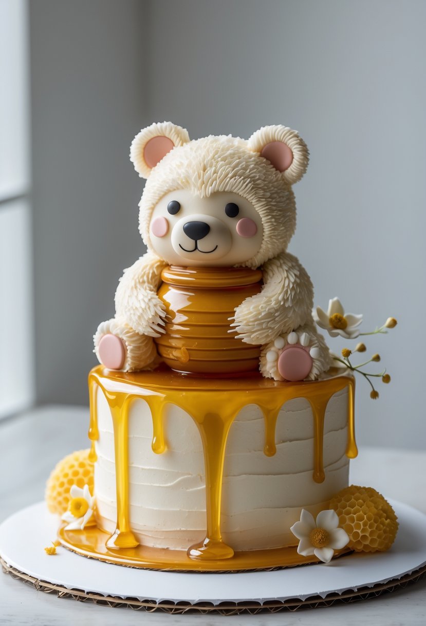 A honey pot bear cake with honey dripping down the sides, displayed on a plain background.