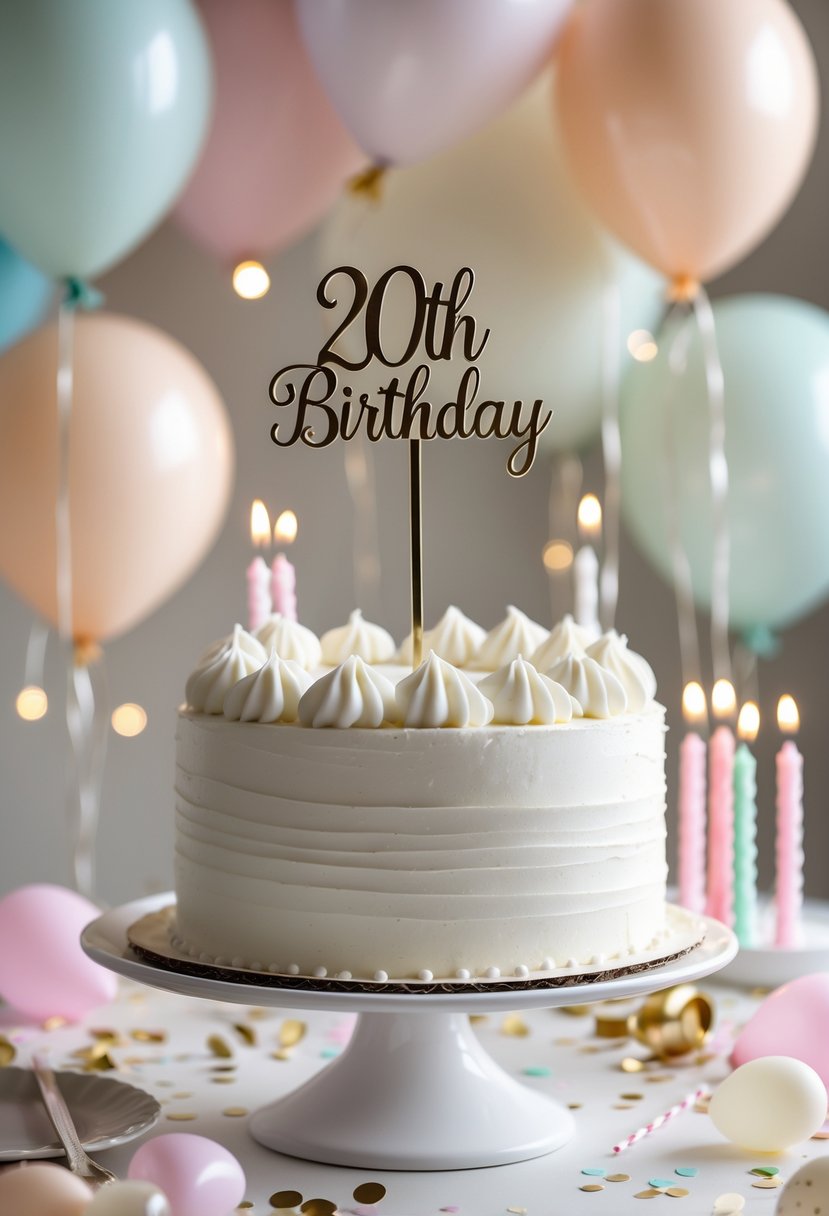 A white birthday cake with smooth frosting and a decorative name topper on top, surrounded by soft party decorations.