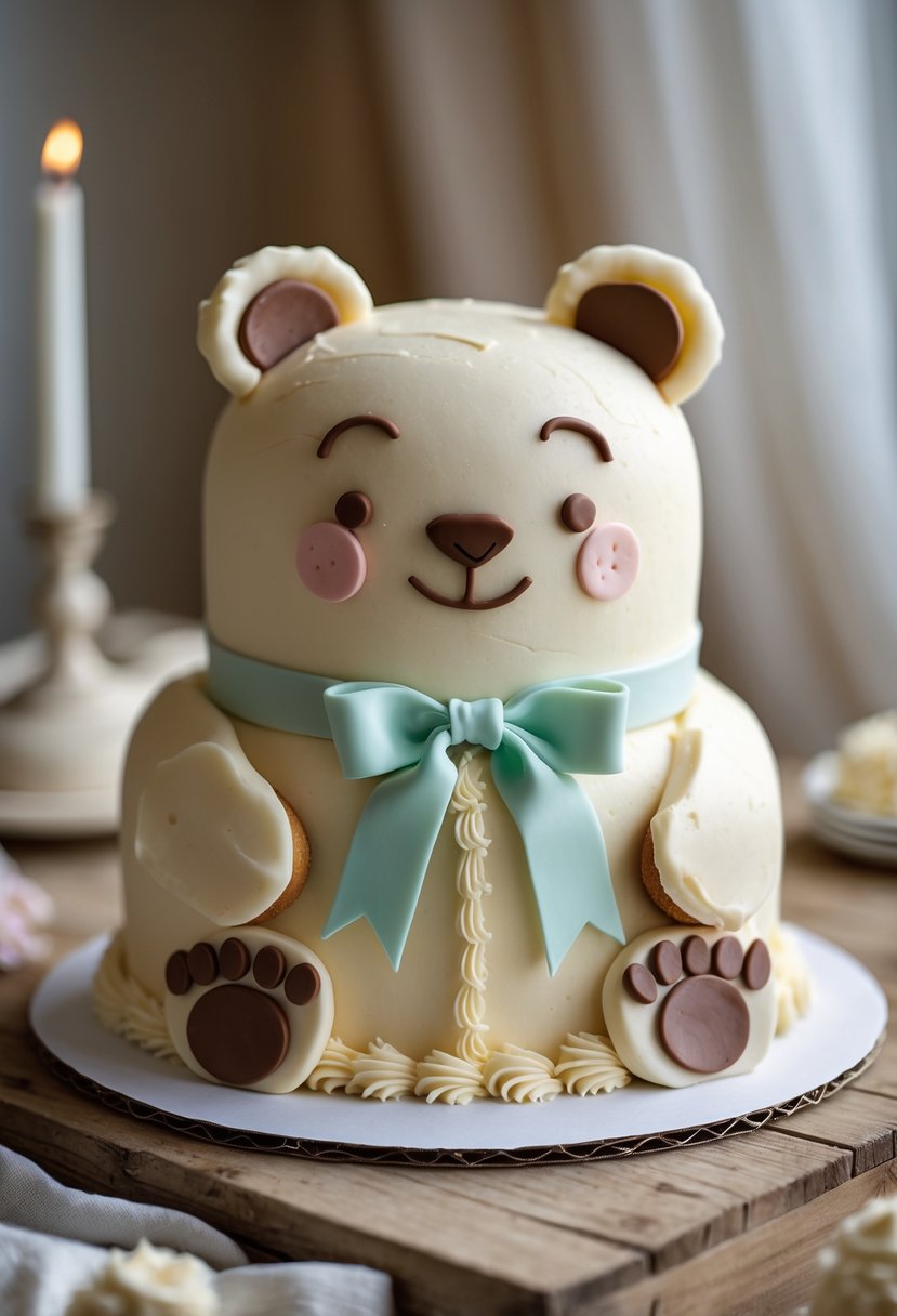 A bear-shaped cake decorated with creamy frosting and a ribbon around its neck, placed on a wooden table.