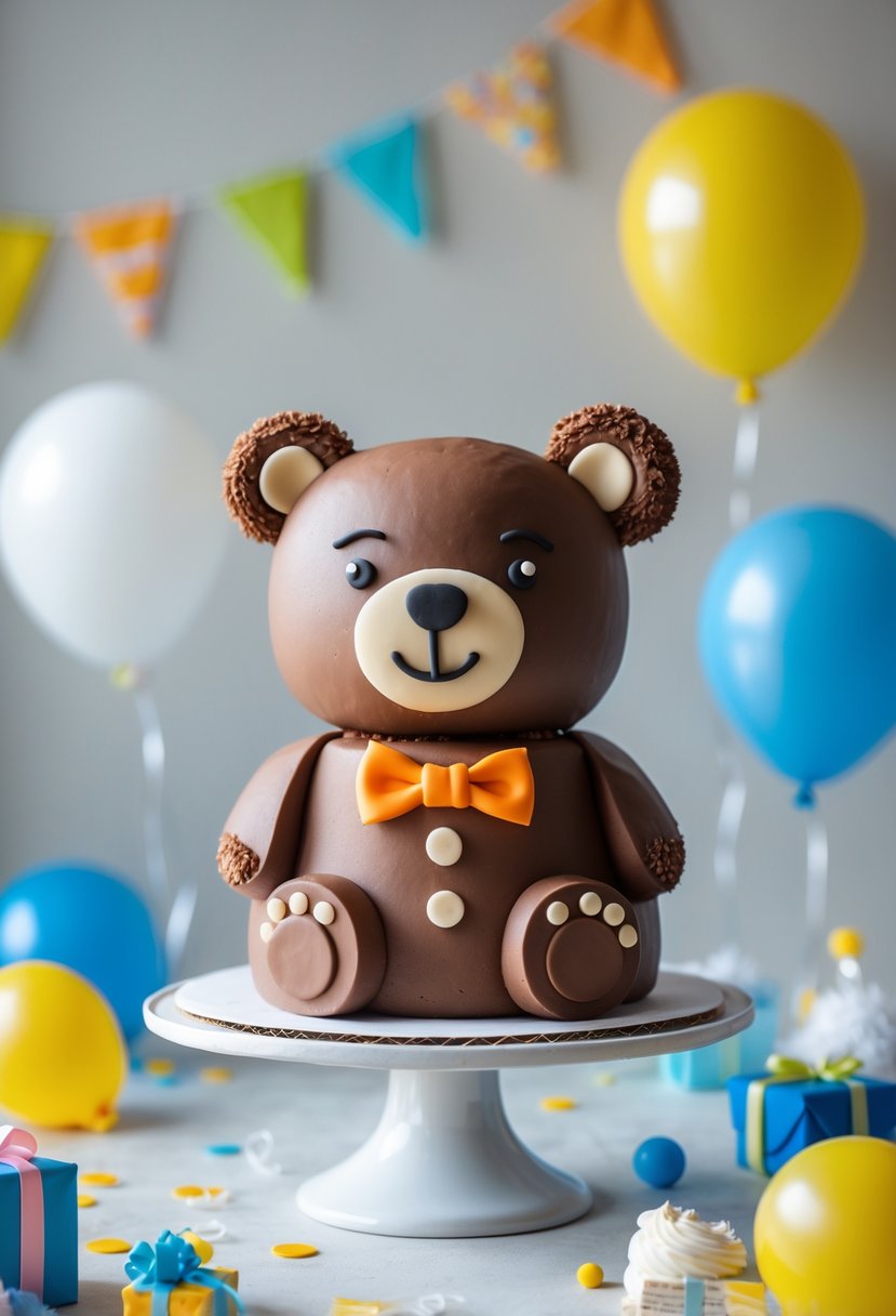 A bear-shaped cake with a colorful bowtie on a white stand surrounded by party decorations.