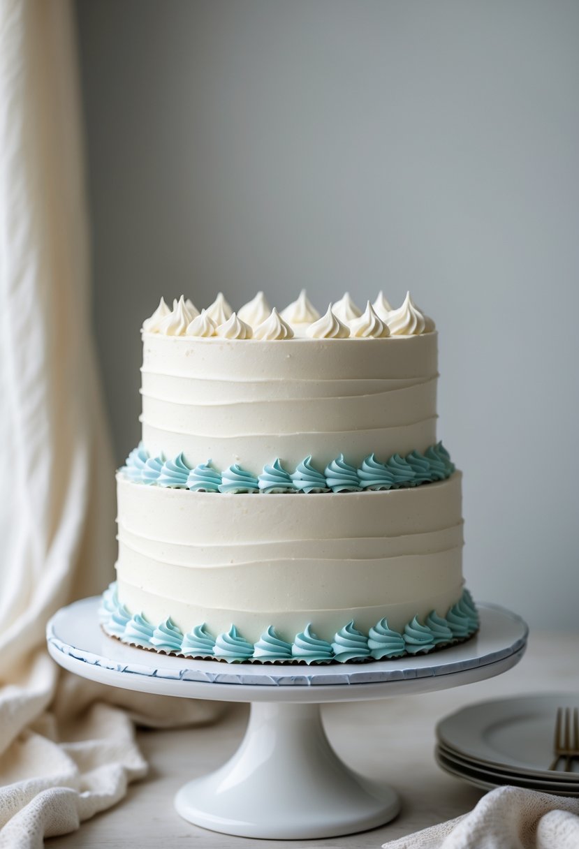 A two-layer buttercream cake with light blue piped borders on a white cake stand.