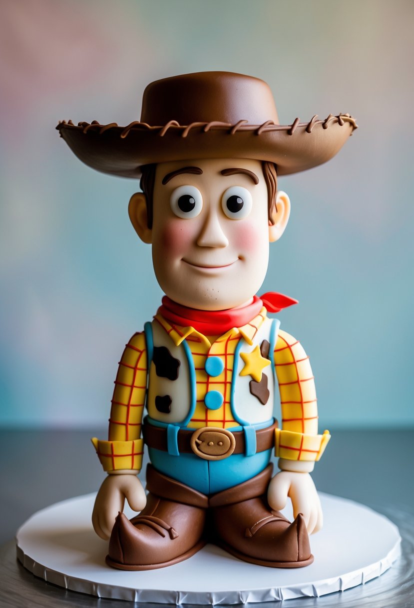 A detailed buttercream cake shaped like Woody from Toy Story, featuring his cowboy hat, shirt, bandana, and boots.